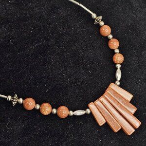 Goldstone & Silver Tone 18" Necklace Brown Sparkle Pendant Beaded